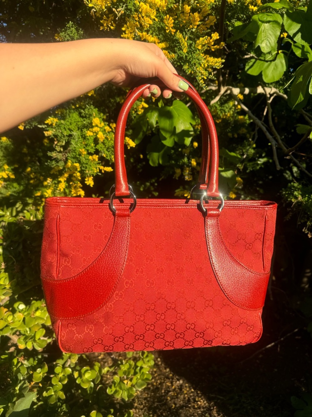 Gucci Red GG Canvas Tote with Leather Trim Y2K